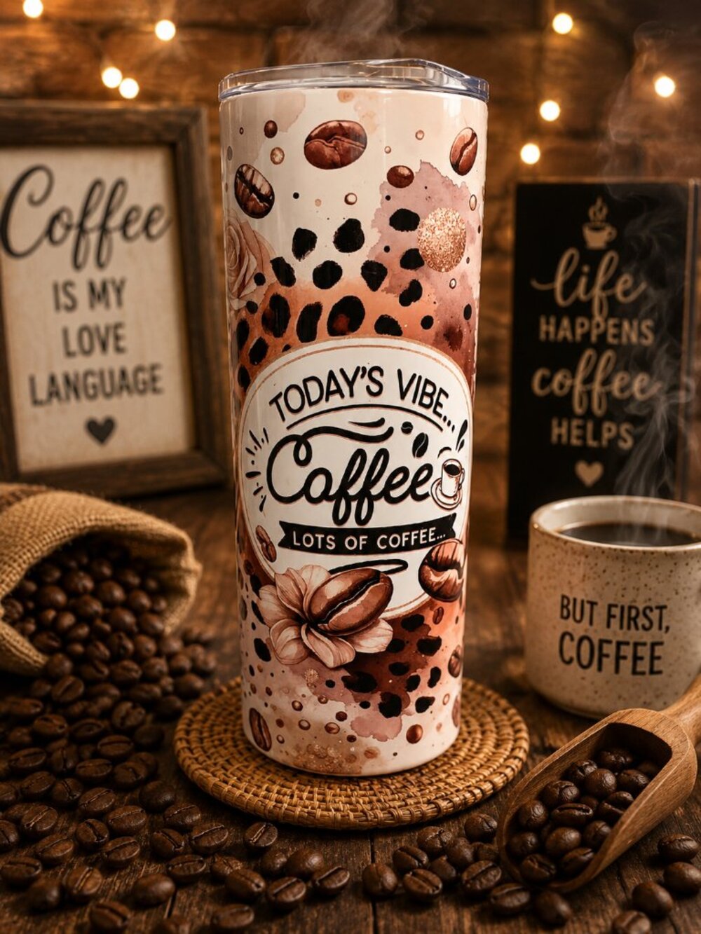 Coffee-Themed Travel Tumbler - Beige Brown Design